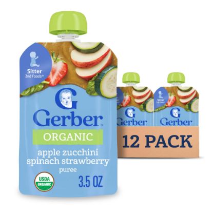 Picture of Gerber Organic Baby Food Pouches, 2nd Foods for Sitter, Apple Zucchini Spinach Strawberry, 3.5 Ounce (Pack of 12)