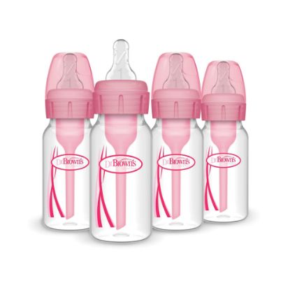Picture of Dr. Brown's Natural Flow Anti-Colic Options+ Narrow Baby Bottle, 4 oz/120 mL, with Level 1 Slow Flow Nipple, Pink, 0m+, 4 Pack