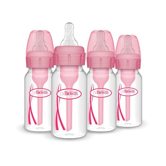 Picture of Dr. Brown's Natural Flow Anti-Colic Options+ Narrow Baby Bottle, 4 oz/120 mL, with Level 1 Slow Flow Nipple, Pink, 0m+, 4 Pack