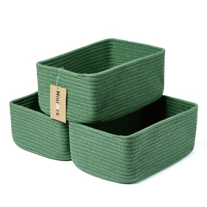 Picture of MiniArk Shelf Storage Baskets for Organizing | Closet Organizer Bins | Small Toy Basket | Woven Rope Baskets | Cube Decorative Box | Shallow Basket | 11.5x7.5x4.7” | 3 Packs Green