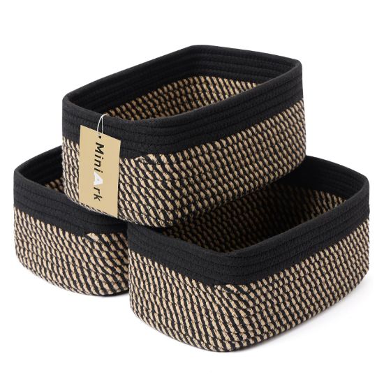 Picture of MiniArk Shelf Storage Baskets for Organizing | Closet Organizer Bins | Small Toy Basket | Woven Rope Baskets | Cube Decorative Box | Shallow Basket | 11.5x7.5x4.7” | 3 Packs Black Brown
