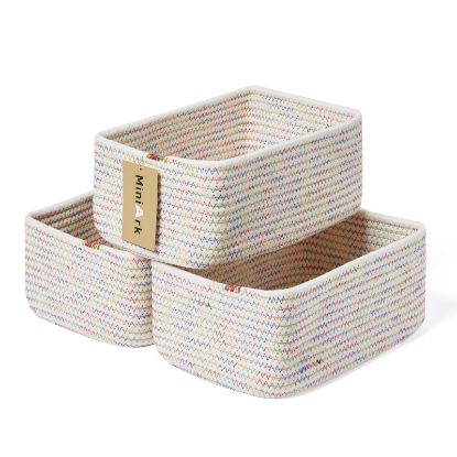 Picture of MiniArk Small Storage Baskets for Organizing | Closet Organizer Bins | Shelf Toy Basket | Woven Rope Baskets | Cube Decorative Box | Shallow Basket | 11.5x7.5x4.7” | 3 Packs Rainbow