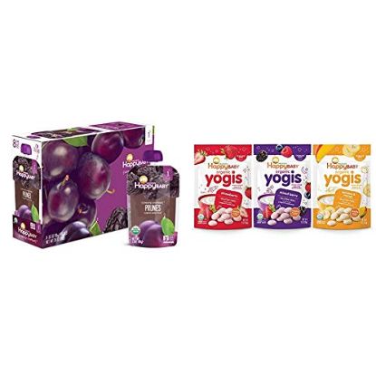Picture of Happy Baby Organic Clearly Crafted Stage 1 Baby Food 1 Prunes 3.5 Ounce (Pack of 8) & Happy Baby Organic Yogis Freeze-Dried Yogurt & Fruit Snacks, 3 Flavor Variety Pack,1 Ounce