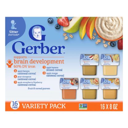 Picture of Gerber Stage 2 Baby Food, Baby Fruit And Cereal Tubs Variety Pack, Iron Helps Support Brain Development, No Artificial Flavors, Baby Cereal, 32-Pack