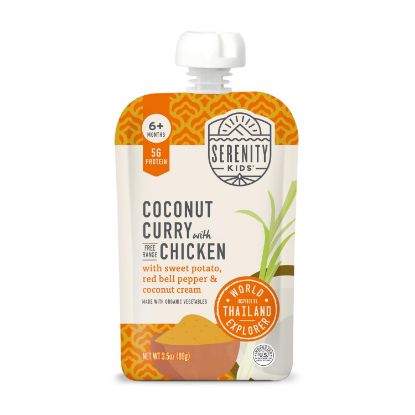 Picture of Serenity Kids 6+ Months World Explorers Baby Food Pouches Puree Made with Ethically Sourced Meat & Organic Veggies - 3.5 Ounce BPA-Free Pouch - Chicken Coconut Curry - 6 Count - Chicken Baby Food