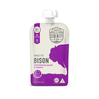 Picture of Serenity Kids 6+ Months Baby Food Pouches - Ethically Sourced Grass Fed Bison - Organic Kabocha Squash & Spinach Puree - 3.5 Oz BPA-Free - 6 Count