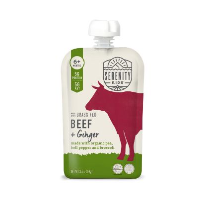 Picture of Serenity Kids 6+ Months Baby Food Puree Pouches with Ethically Sourced Meat & Organic Veggies - Grass Fed Beef, Pea, Bell Pepper, Broccoli, Ginger - BPA-Free, 3.5 Oz - 6 Count