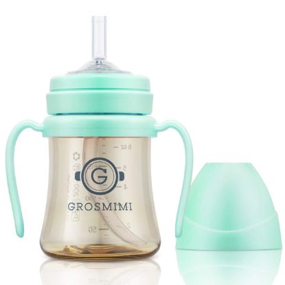 Picture of GROSMIMI Spill Proof no Spill Magic Sippy Cup with Straw with Handle for Baby and Toddlers, Customizable, PPSU, BPA Free 6 oz (Aqua Green)