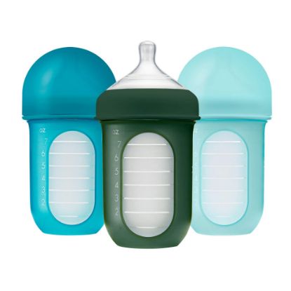 Picture of Boon Nursh Reusable Silicone Pouch Baby Bottles - Medium Flow Nipple - Silicone Baby Bottle Pouch and Nipple - Baby Feeding Essentials - Blue - 3-6 Months - 3 Count - 8 Ounce