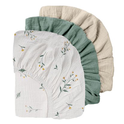 Picture of Gllquen Baby Muslin Mini Crib Sheets 3 Pack, Breathable Pack and Play Sheets Fitted Soft Cozy Cotton Pack N Play Sheets for Baby Boy Girls, Universal Fitted Mini Crib Mattresses 38"X26" (Green)