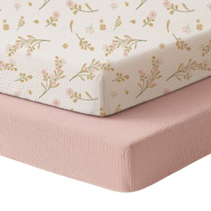 Picture of Konssy Muslin Mini Crib Sheets, 100% Soft Cotton Pack and Play Sheets for Pack N Play Mattress, Playard Baby Crib Sheets for Baby Girls (Floral, Pink)