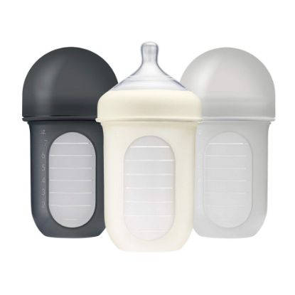 Picture of Boon Nursh Reusable Silicone Pouch Baby Bottles - Medium Flow Nipple - Silicone Baby Bottle Pouch and Nipple - Baby Feeding Essentials - Gray - 3-6 Months - 3 Count - 8 Ounce