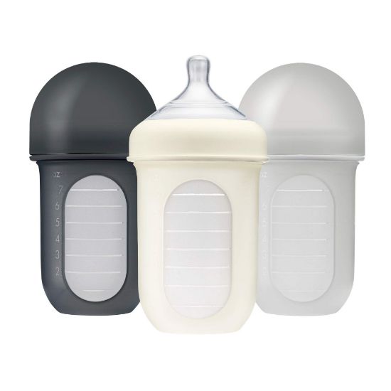 Picture of Boon Nursh Reusable Silicone Pouch Baby Bottles - Medium Flow Nipple - Silicone Baby Bottle Pouch and Nipple - Baby Feeding Essentials - Gray - 3-6 Months - 3 Count - 8 Ounce