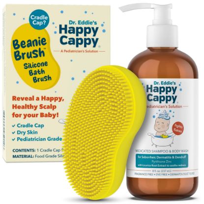 Picture of Happy Cappy Medicated Shampoo and Body Wash and Beanie Brush Bundle - Baby Dandruff Shampoo, Helps Cradle Cap and Seborrheic Dermatitis, Fragrance-Free, Gentle Baby Scalp Scrubber - 2 Pieces