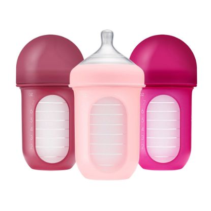 Picture of Boon Nursh Reusable Silicone Pouch Baby Bottles - Medium Flow Nipple - Silicone Baby Bottle Pouch and Nipple - Baby Feeding Essentials - Pink - 3-6 Months - 3 Count - 8 Ounce