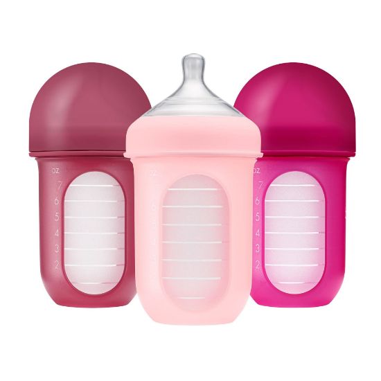 Picture of Boon Nursh Reusable Silicone Pouch Baby Bottles - Medium Flow Nipple - Silicone Baby Bottle Pouch and Nipple - Baby Feeding Essentials - Pink - 3-6 Months - 3 Count - 8 Ounce