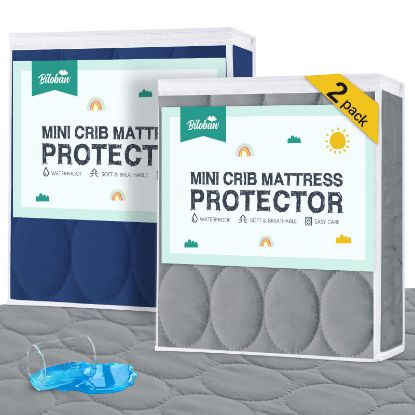 Picture of Mini Crib Mattress Protector Sheets Waterproof 2 Pack, Quilted Pack and Play Mattress Pad Cover Fits for Baby Mini Crib/Playen/Pack and Play Mattress, Grey & Navy, 38"x24"