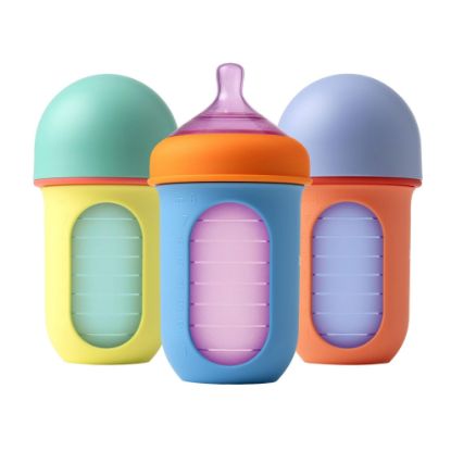 Picture of Boon Nursh Reusable Silicone Pouch Baby Bottles - Medium Flow Nipple - Silicone Baby Bottle Pouch and Nipple - Baby Feeding Essentials - Color Block - 3-6 Months - 3 Count - 8 Ounce