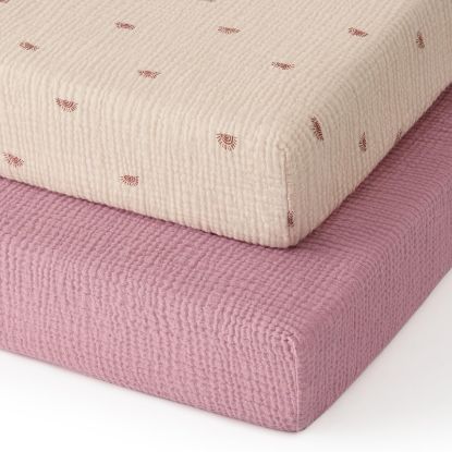 Picture of Blissful Diary Muslin Mini Crib Sheets, Pack and Play Mattress Sheets Fitted for Pack N Play, Soft Cotton for Boys Girls, 2 Pack(Sunshine&Blush Pink)