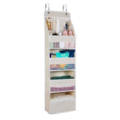 Picture of Univivi 5-Shelf Over Door Hanging Organizer Fabric Door Storage with 4 Large Pockets and 3 Small PVC Pockets Wall Mount Hanging Storage Organizers (Beige)