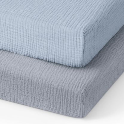 Picture of Blissful Diary Muslin Mini Crib Sheets, Pack and Play Mattress Sheets Fitted for Pack N Play, Soft Cotton for Boys Girls, 2 Pack(Light Blue&Grey)