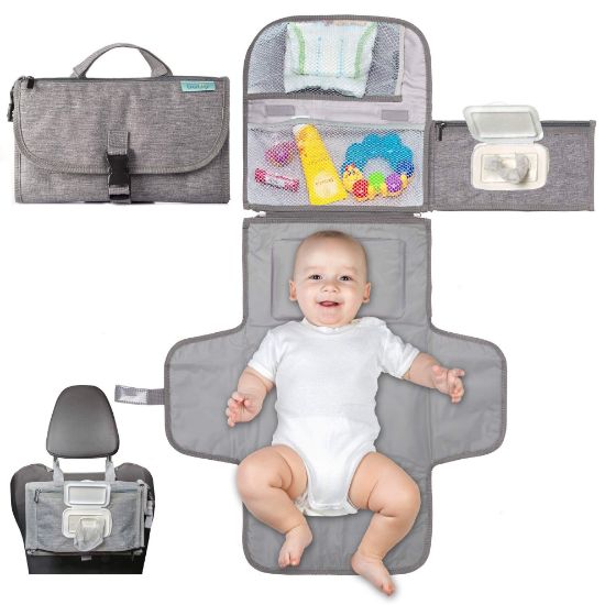 Picture of Kopi Baby Portable Diaper Changing Pad - Baby Diaper Changer Travel Bag with Wipes Pocket, Smart Design Portable Changing Mat, Infant Travel Station Kit, Gift for Newborn Girl & Boy - Grey, Classic