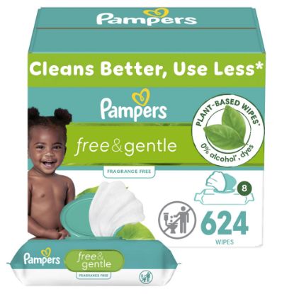 Picture of Pampers Baby Wipes, Free & Gentle, Hypoallergenic and Unscented Wipe, 100% Plant Based, Plastic-Free for Babies, 624 Total (8 Flip-Top Packs)
