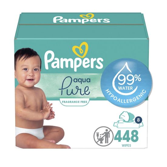 Picture of Pampers Baby Wipes Aqua Pure, 99% water-based wipes, Hypoallergenic and Unscented Infant Wipe, 448 Total (8 Flip-Top Packs)