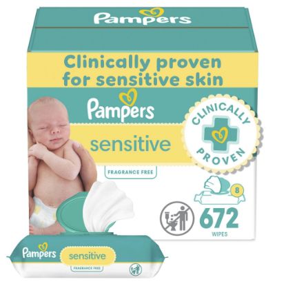 Picture of Pampers Baby Wipes, Sensitive, Water Based Wipe, Clinically Proven, Hypoallergenic, and Unscented for Babies, 672 Wipes Total (8 Flip-Top Packs)