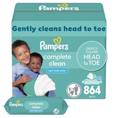 Picture of Pampers Baby Wipes, Complete Clean Baby Fresh Scented Wipe, Gently Cleans Head to Toe, 864 Total (12 Flip-Top Packs)