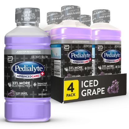 Picture of Pedialyte AdvancedCare Plus Electrolyte Hydration Drink, Has 33% More Electrolytes and Has PreActiv Prebiotics, Iced Grape, 1 Liter, Pack of 4