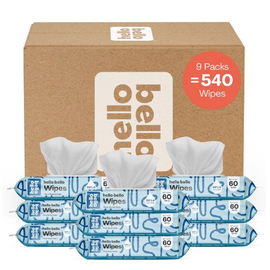 Picture of Hello Bello Extra Gentle Unscented Baby Wipes, Plant Based, Made with 99% Water and Aloe for Babies and Kids, 60 Count (Pack of 9) Total 540 Count