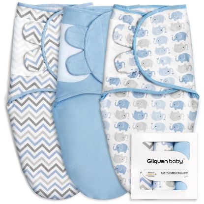 Picture of 3-Pack Organic Baby Swaddle Sleep Sacks for Newborn - Baby Swaddles 0-3 Months, Baby Swaddle Sack, Blue & Elephant & Stripe, Baby Swaddle Blanket Wrap (Small/Medium)