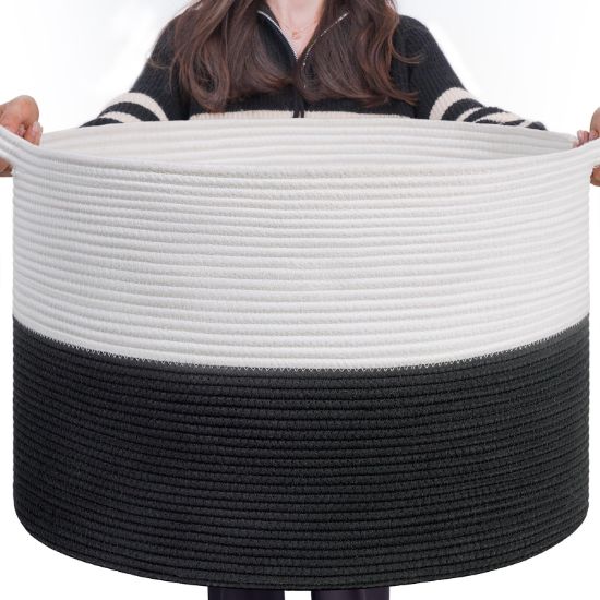Picture of INDRESSME Large Cotton Rope Baskets for Storage, 21.7 x 13.8 Blanket Storage for Living Room Toy Baskets Kids, Baby Laundry Basket for Dirty Clothes, Pillows, 90L White & Black