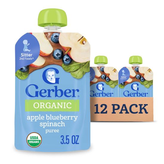 Picture of Gerber Stage 2 Baby Food, Organic Apple Blueberry Spinach Puree Pouch, 2 Servings of Fruit & Veggie, No Added Sweetener, No Artificial Colors or Flavors, 12-Pack