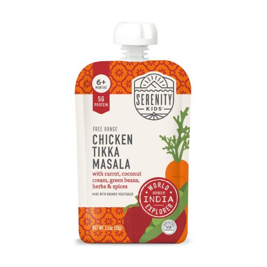 Picture of Serenity Kids 6+ Months World Explorers Baby Food Pouches Puree Made with Ethically Sourced Meat & Organic Veggies - 3.5 Ounce BPA-Free Pouch - Chicken Tikka Masala - 6 Count Baby Food Meat Pouches