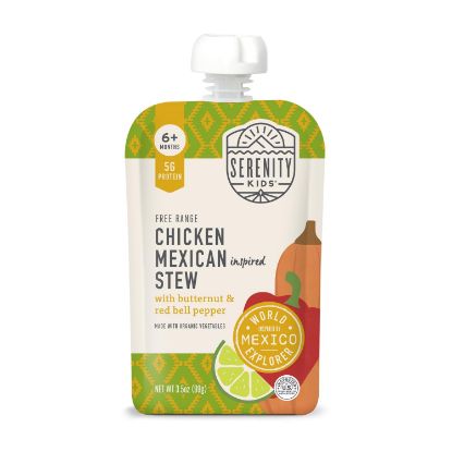 Picture of Serenity Kids 6+ Months World Explorers Baby Food Pouches Puree Made with Ethically Sourced Meat & Organic Veggies - 3.5 Ounce BPA-Free Pouch - Chicken Mexican Stew - 6 Count Baby Food Meat Pouches