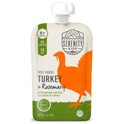 Picture of Serenity Kids 6+ Month Baby Food Puree Pouches with Ethically Sourced Meat & Organic Veggies - 3.5 Oz BPA-Free Pouch - Free Range Turkey, Rosemary, Carrot, Zucchini - 6-Pack Turkey Infant Food