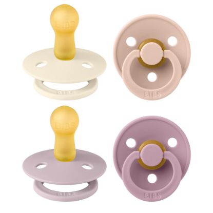 Picture of BIBS Colour Soother 4-Pack, BPA Free Dummy Pacifier, Round Nipple. Natural Rubber Latex, Made in Denmark. 6-18 Months (Pack of 2), Baby Girl Colours