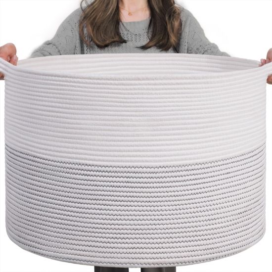 Picture of INDRESSME XXXLarge Cotton Rope Basket 21.7" x 21.7" x 13.8" Woven Baby Laundry Basket for Blankets Toys Storage Baskets with Handle Comforter Cushions Storage Bins Thread Laundry Hamper-Black Stitch