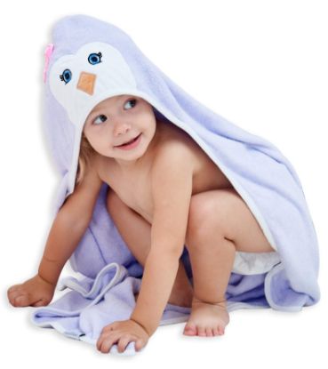Picture of HIPHOP PANDA Hooded Towel - Rayon Made from Bamboo, Bath Towel with Bear Ears for Newborn, Babie, Toddler, Infant - Absorbent Large Baby Towel - Purple Penguin, 37.5 x 37.5 Inch