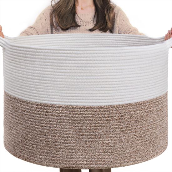 Picture of INDRESSME XXXLarge Cotton Rope Basket 21.7" x 21.7" x 13.8" Woven Baby Laundry Blanket Basket Toy Baskets with Handle Storage Comforter Cushions Thread Laundry Hamper