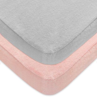 Picture of Pack 'n Play 2-Pack, 100% Cotton Flannel, Portable Mini Crib Sheets, Fitted Playard Mattress Cover for Girls & Boys, Ultra Soft Warm Breathable Convertible Playpen Sheet, Grey & Pink