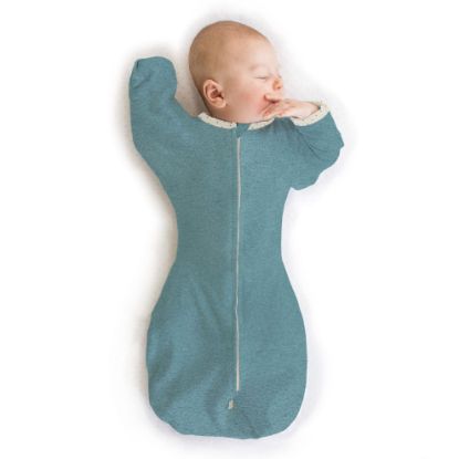 Picture of SwaddleDesigns Transitional Swaddle Sack, Arms Up Half-Length Sleeves & Mitten Cuffs, Swaddle for Newborn Transition to Baby Sleep Sack Wearable Blanket, Small, 0-3 Month, 6-14 lb, Heathered Teal