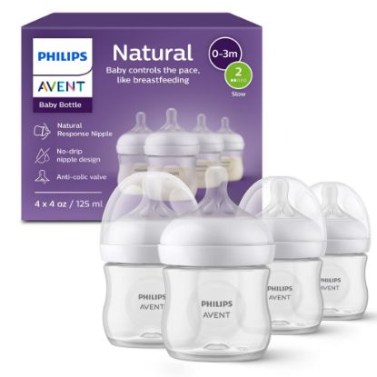 Picture of Philips Avent Natural Baby Bottles with Natural Response Nipples (Slow Flow, Flow 2), 4oz, 4-Pack, SCY900/04