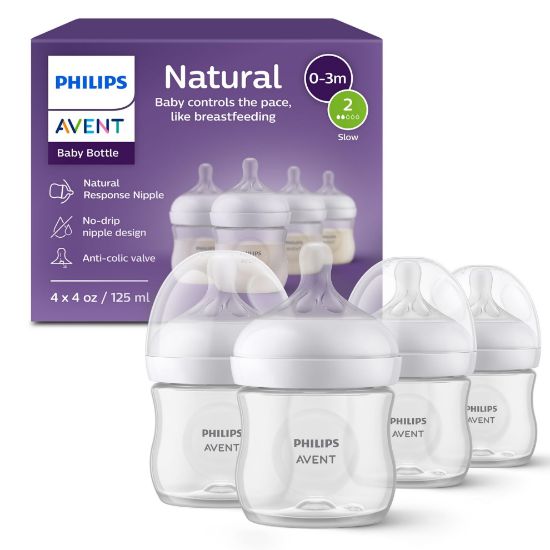 Picture of Philips Avent Natural Baby Bottles with Natural Response Nipples (Slow Flow, Flow 2), 4oz, 4-Pack, SCY900/04