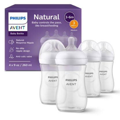 Picture of Philips Avent Natural Baby Bottles with Natural Response Nipples (Medium Flow, Flow 3), 9oz, 4-Pack, SCY903/04