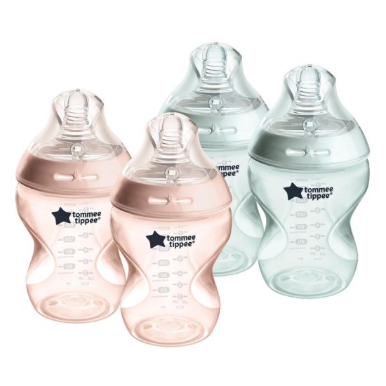 Picture of Tommee Tippee Natural Start Anti-Colic BPA Free Baby Bottles, 9oz, Newborn 0+ Months, Slow Flow Breast-Like Nipple, Designed for Seamless Transitions Between Bottle and Breast, Pink/Green, Pack of 4