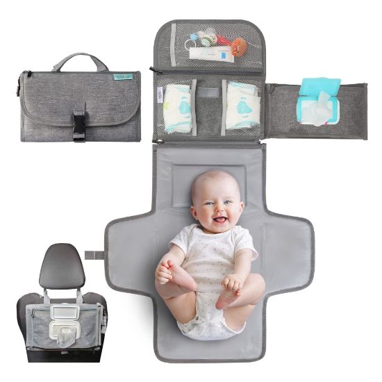 Picture of Kopi Baby Portable Diaper Changing Pad - Baby Diaper Changer Travel Bag with Wipes Pocket, Smart Design Portable Changing Mat, Infant Travel Station Kit, Gift for Newborn Girl & Boy - Grey, Premium