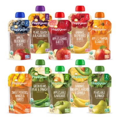 Picture of Happy Baby Organics Stage 2 Baby Food Pouches, Gluten Free, Vegan & Healthy Snack, Clearly Crafted Fruit & Veggie Puree, Fruit & Veggie Variety Pack, 4 Ounces (Pack of 10), Amazon Exclusive